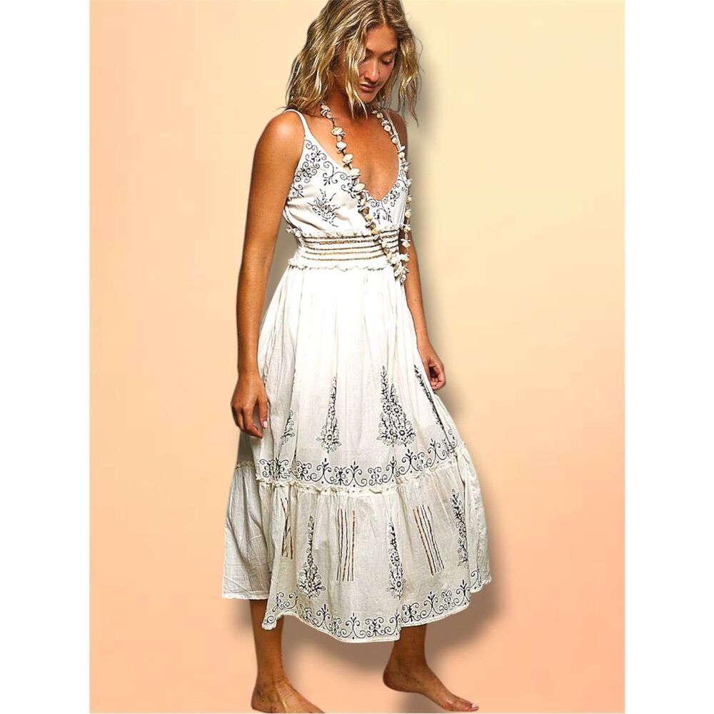 POLโBoho Embroidered Smocked Waist Midi Dress Cream Cottagecore Cami Dress NEW - Picture 2 of 16